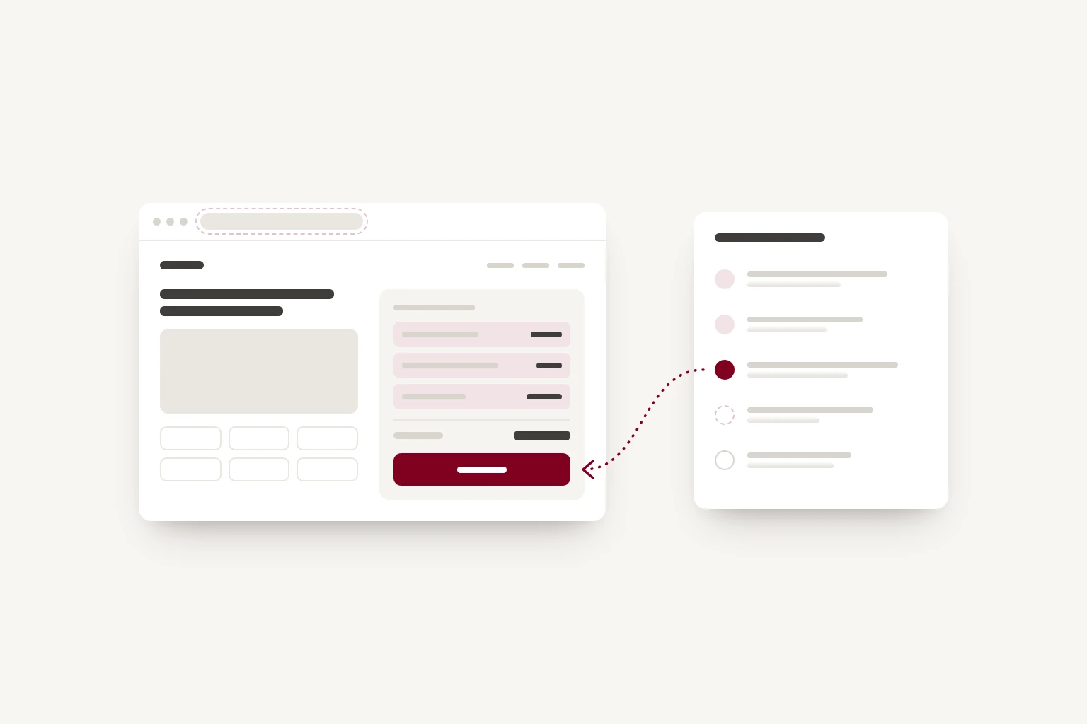 A booking page from a prototype app beside a list of checks. Two checks are done, the third is testing the pay button, joined to it by a dotted line, and the next is marked on the address bar.