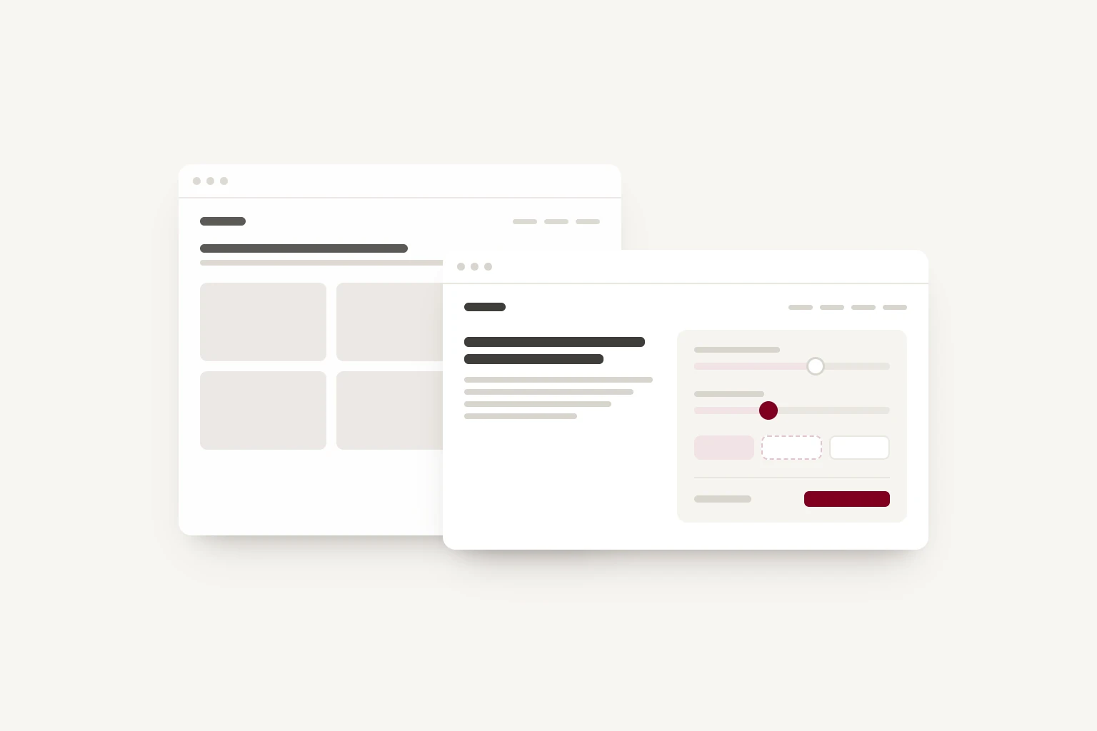 Two web pages, one in front of the other. Behind, a template page of identical grey blocks. In front, a custom page with a price calculator built into it, its sliders, options and result.
