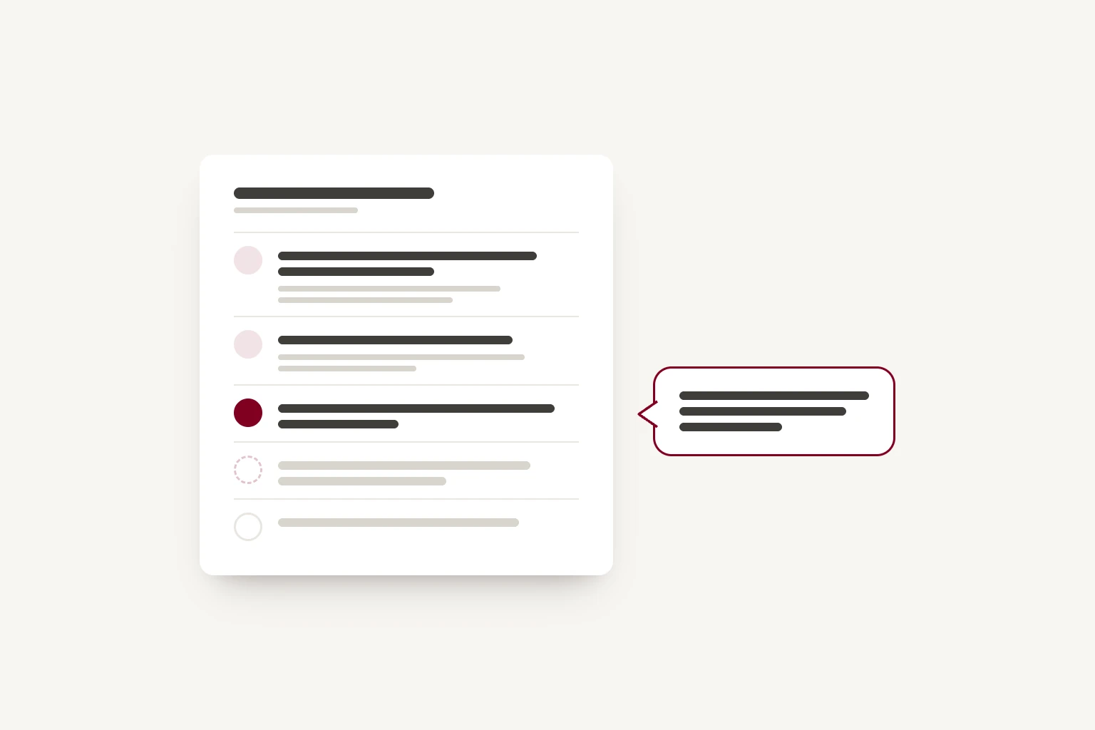 A list of five questions. The first two are answered, the third is being asked, shown in a speech bubble beside it, and the last two are still to come.