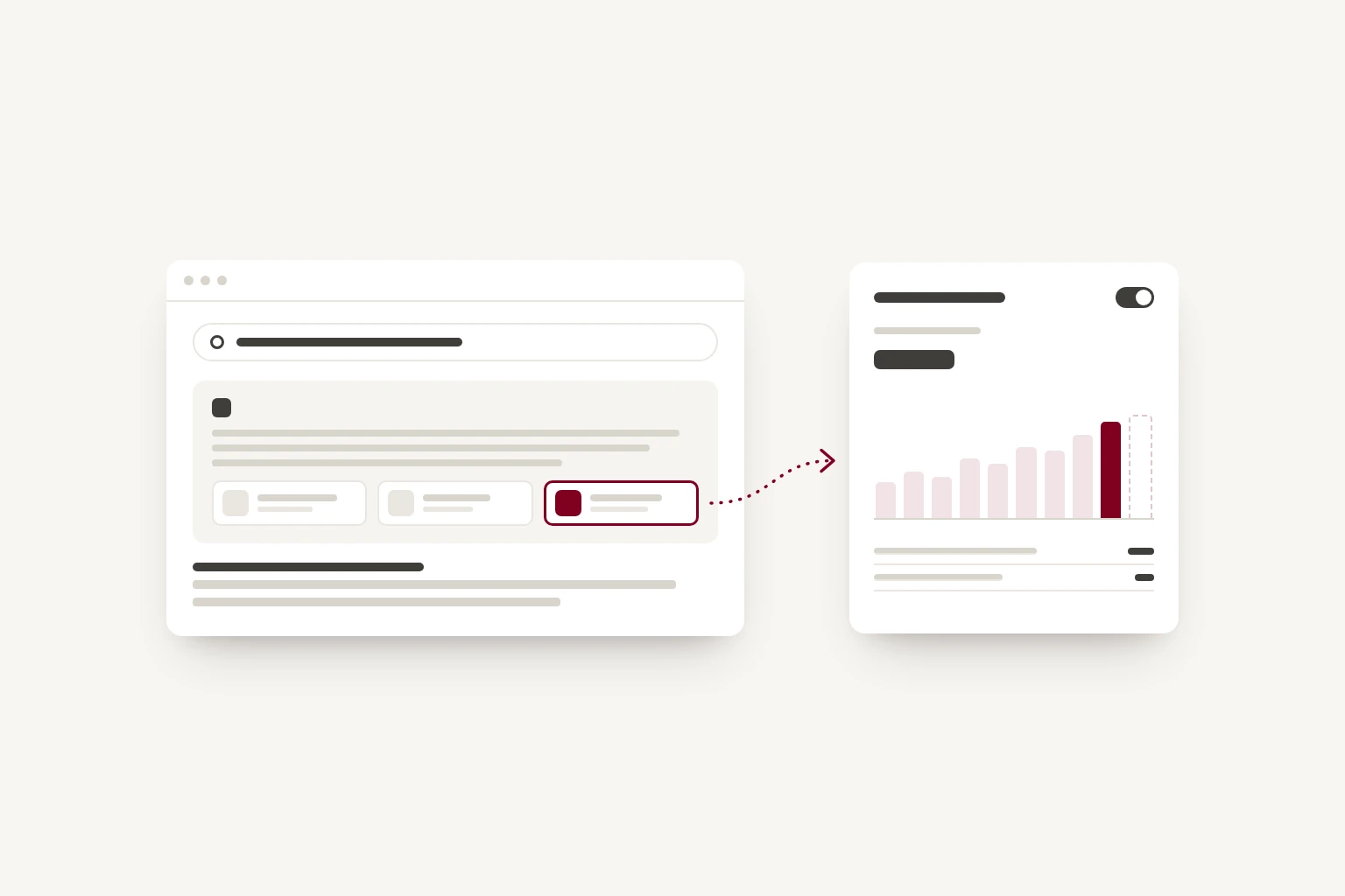 A search results page whose AI answer lists three sources, one of them highlighted, joined by a dotted line to a report beside it. In the report's bar chart, today's bar is highlighted and tomorrow's is an empty outline.