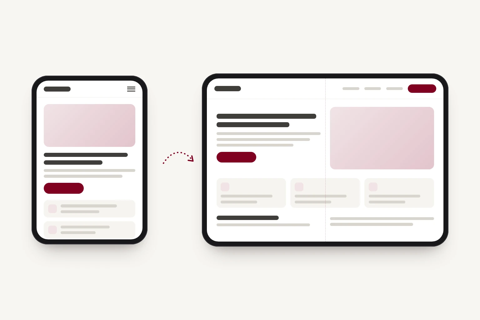 The same web page on two screens. On a folded phone it sits in one column. On the wider unfolded screen it rearranges into two columns, with a row of three cards beneath.