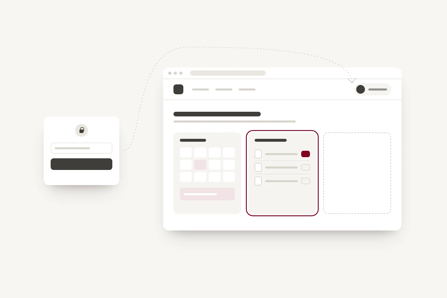 A sign-in card beside a website that now shows a signed-in marker in its header. Below, three tiles: a bookings tile with one booking highlighted, a documents tile being added, ringed, and an empty dashed tile for the feature to come.