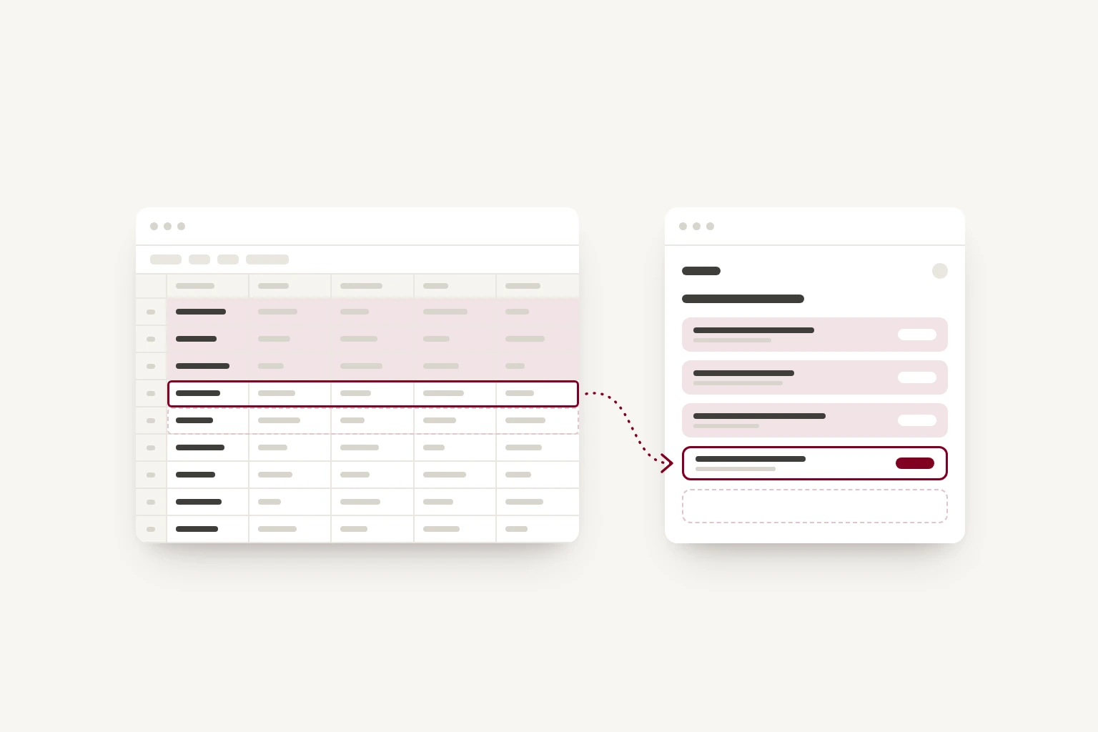 A spreadsheet beside a small app. Three rows of the spreadsheet already sit as cards in the app, a fourth is being carried across along a dotted line, and the row after it is marked to go next.