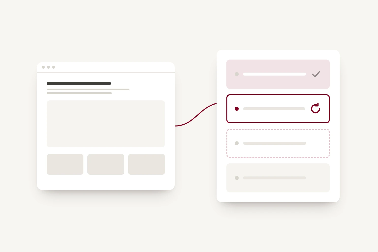 A website window joined by a line to the server it runs on, a rack of four units. The top unit has a tick on a pale burgundy wash, the second is outlined in burgundy with a circular update arrow, the third has a dashed outline, and the bottom one is grey.
