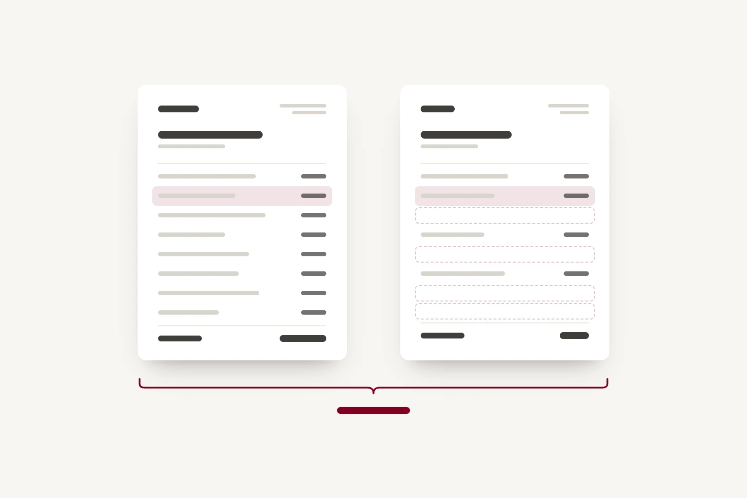 Two quotes side by side, one with fewer line items and dashed empty rows where the others are missing. A bracket beneath joins the two totals.